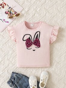 小女童卡通圖案前蝴蝶結荷葉邊T恤 - 粉色 - 查看 1