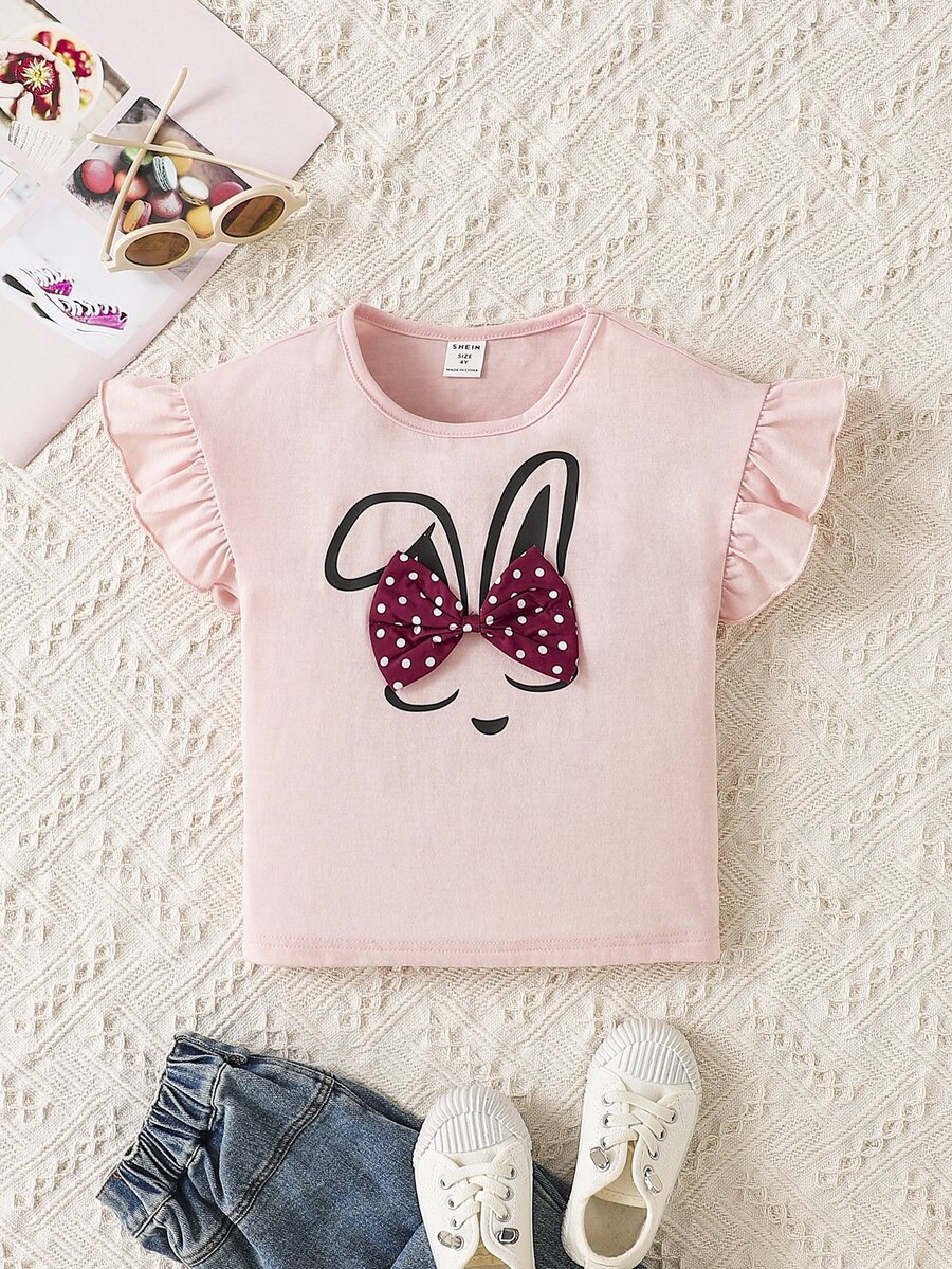 小女童卡通圖案前蝴蝶結荷葉邊T恤 - 粉色 - 查看 1