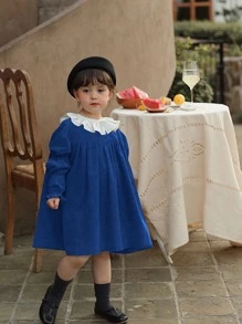 Đầm bé gái Xù Nút Khối Màu Dễ thương - Màu xanh hải quân - Xem 1