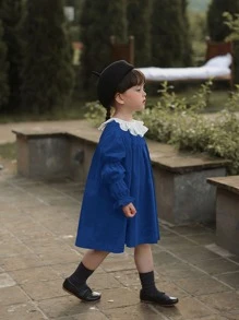 Đầm bé gái Xù Nút Khối Màu Dễ thương - Màu xanh hải quân - Xem 3