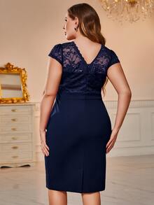 CurvySweet Plus Contrast Lace Keyhole Neckline Peplum Dress - Navy Blue - View 2