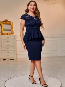CurvySweet Plus Contrast Lace Keyhole Neckline Peplum Dress - Navy Blue - View 4