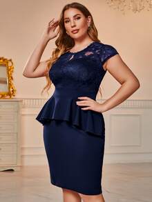 CurvySweet Plus Contrast Lace Keyhole Neckline Peplum Dress - Navy Blue - View 5