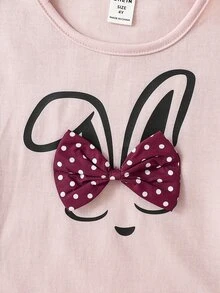 小女童卡通圖案前蝴蝶結荷葉邊T恤 - 粉色 - 查看 6