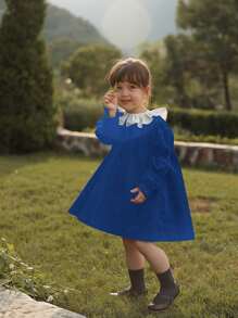 Đầm bé gái Xù Nút Khối Màu Dễ thương - Màu xanh hải quân - Xem 7