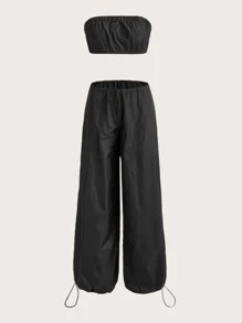 SHEIN ICON Gorpcore Solid Tube Top & Wide Leg Parachute Trousers - Black - View 1