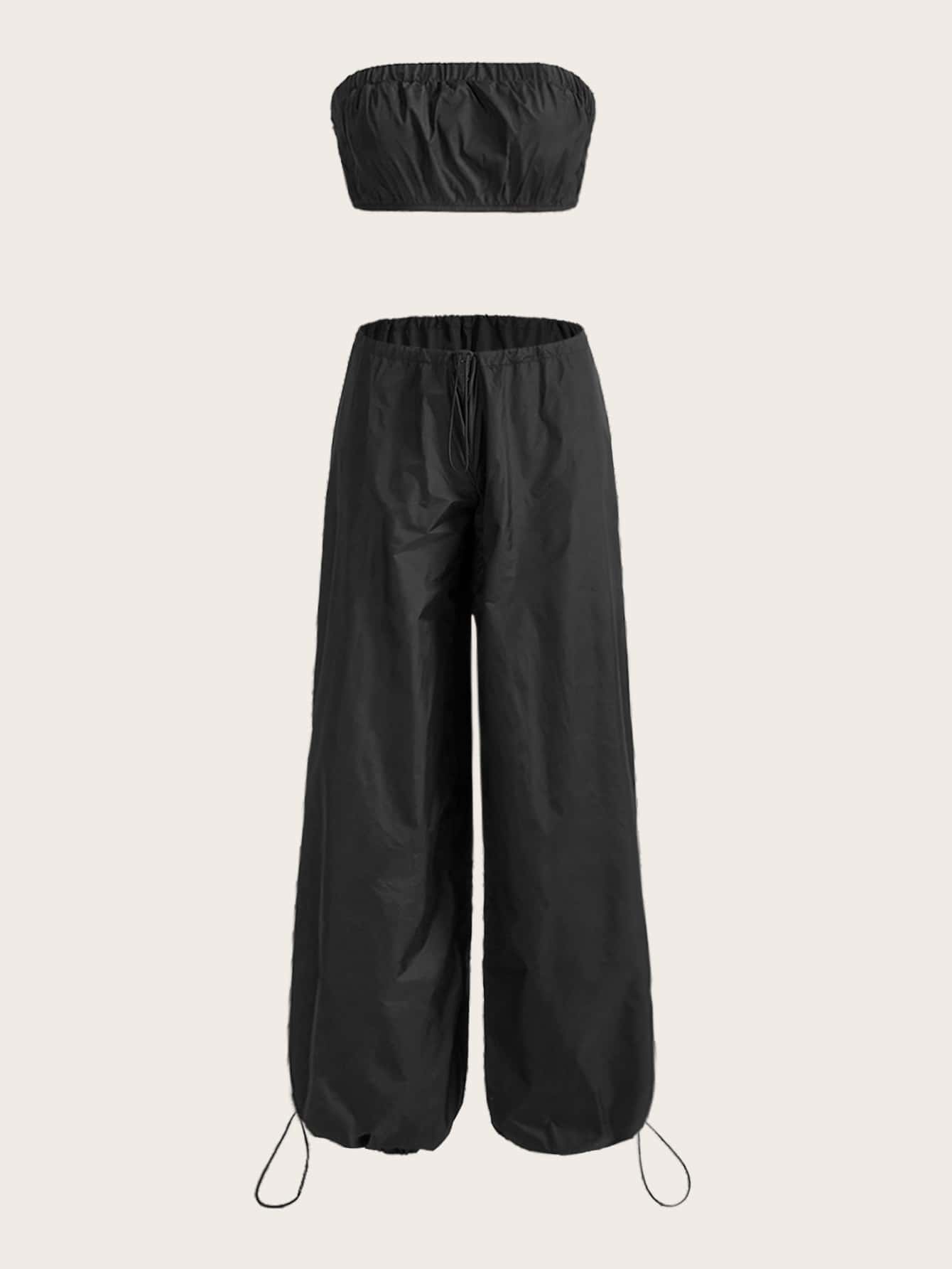 SHEIN ICON Gorpcore Solid Tube Top & Wide Leg Parachute Trousers - Black - View 1