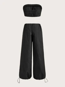 SHEIN ICON Gorpcore Solid Tube Top & Wide Leg Parachute Trousers - Black - View 2