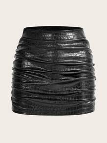 SHEIN ICON 鱷魚壓紋褶邊PU皮革包臀半身裙 - 黑色 - 查看 1