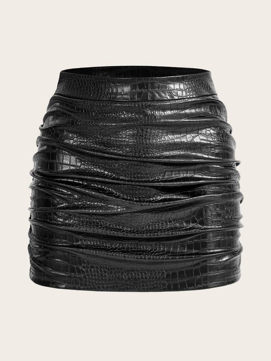 SHEIN ICON 鱷魚壓紋褶邊PU皮革包臀半身裙 - 黑色 - 查看 1
