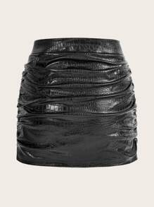 SHEIN ICON 鱷魚壓紋褶邊PU皮革包臀半身裙 - 黑色 - 查看 2