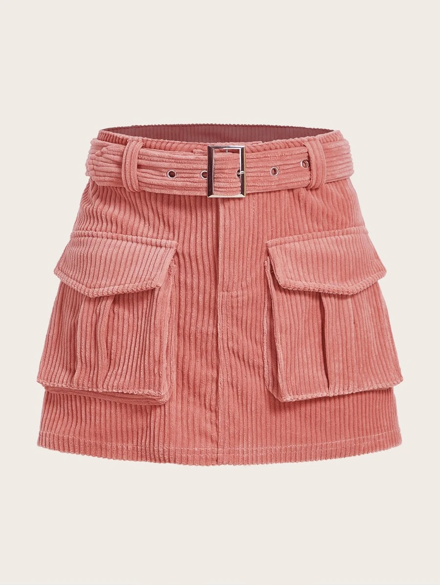 SHEIN 青少年女孩翻蓋口袋腰帶燈芯絨工裝裙