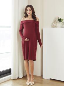 Maternity Off Shoulder Foldover Front Dress - Burgundy - View 1