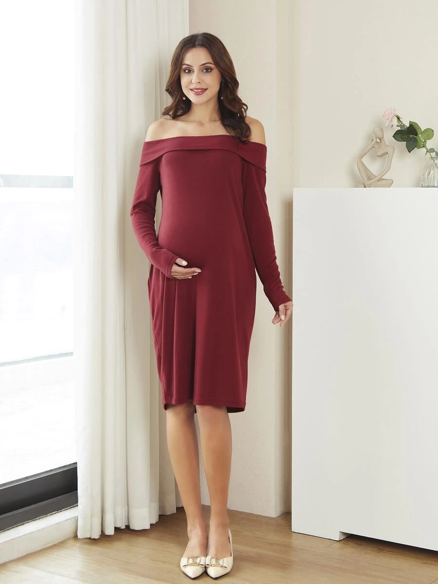 Maternity Off Shoulder Foldover Front Dress - Burgundy - View 1