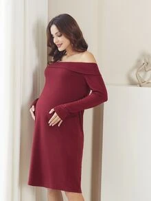 Maternity Off Shoulder Foldover Front Dress - Burgundy - View 3