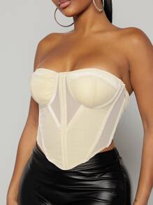 Hauture 透視網絡絨面心形領上衣 - 米色 - 查看 5