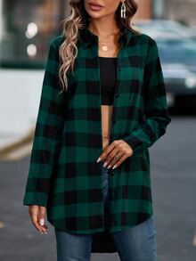 SHEIN LUNE Camisa con estampado de guingán con botón delantero bajo irregular - Verde Oscuro - Ver 6