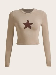 SHEIN ICON Star Patched Crop Tee - Khaki - View 1