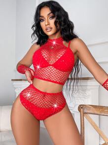 4入組裝水鑽鑲嵌鏤空網眼內衣套裝和手套不附內褲