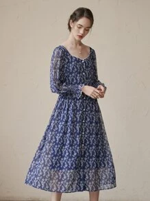 Simple Retro Ditsy Floral Print Flounce Sleeve Dress - Navy Blue - View 1