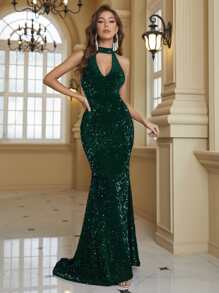 YISIKADO Đầm Nút Cắt ra Dây kéo màu trơn Hấp dẫn - Màu xanh lá cây đậm - Xem 3