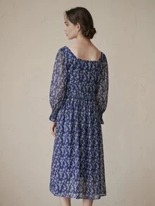 Simple Retro Ditsy Floral Print Flounce Sleeve Dress - Navy Blue - View 2