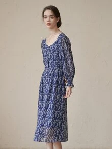 Simple Retro Ditsy Floral Print Flounce Sleeve Dress - Navy Blue - View 4