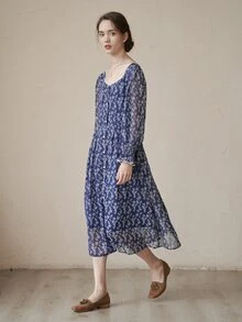 Simple Retro Ditsy Floral Print Flounce Sleeve Dress - Navy Blue - View 5