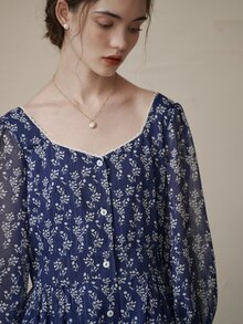 Simple Retro Ditsy Floral Print Flounce Sleeve Dress - Navy Blue - View 6