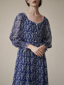 Simple Retro Ditsy Floral Print Flounce Sleeve Dress - Navy Blue - View 7
