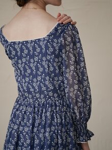 Simple Retro Ditsy Floral Print Flounce Sleeve Dress - Navy Blue - View 8
