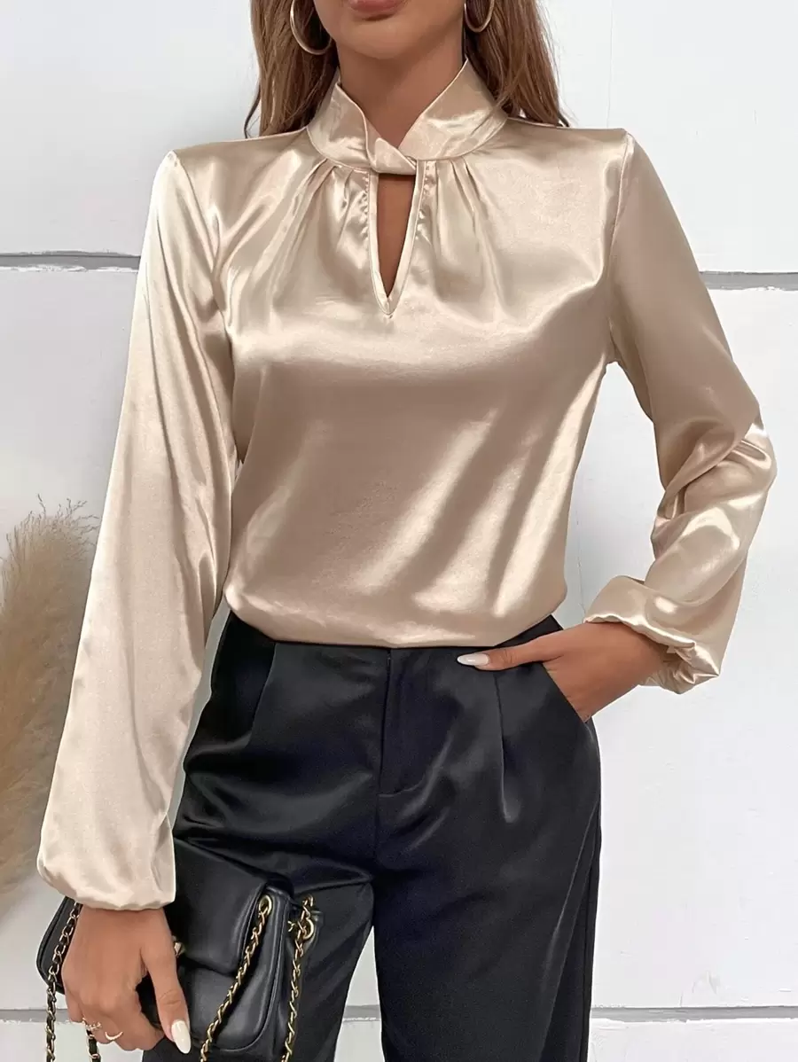 Chiquease Keyhole Neckline Lantern Sleeve Satin Blouse - Apricot - View 1