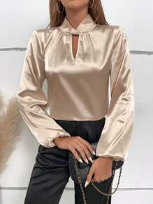 Chiquease Keyhole Neckline Lantern Sleeve Satin Blouse - Apricot - View 4