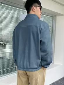 Manfinity Homme 男士1入組半拉鏈補丁細節絨布運動衫 - 藍色 - 查看 2
