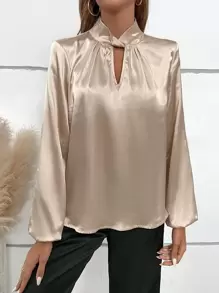 Chiquease Keyhole Neckline Lantern Sleeve Satin Blouse - Apricot - View 6