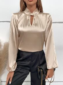 Chiquease Keyhole Neckline Lantern Sleeve Satin Blouse - Apricot - View 3