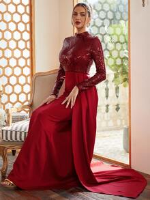 Missord Mock Neck Draped Side Sequin Prom Dress - Red - View 3