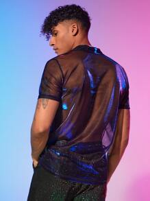 Manfinity Hombres Camisa polo de malla transparente - Morado - Ver 3