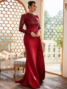 Missord Mock Neck Draped Side Sequin Prom Dress - Red - View 6