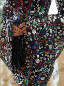 Missord Vestido ajustado de malla de manga con volante con lentejuelas - Negro - Ver 8