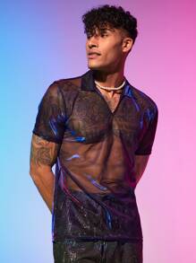 Manfinity Hombres Camisa polo de malla transparente - Morado - Ver 2