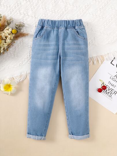 SHEIN Vintaside Kids 年轻女孩休闲直筒牛仔裤，蓝色，1 条，适合日常和学校穿着