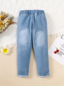 SHEIN 少女休閒直筒牛仔長褲，藍色，1件，適合日常、學校、夏季假期與秋季穿著 - 淺色水洗藍 - 查看 2