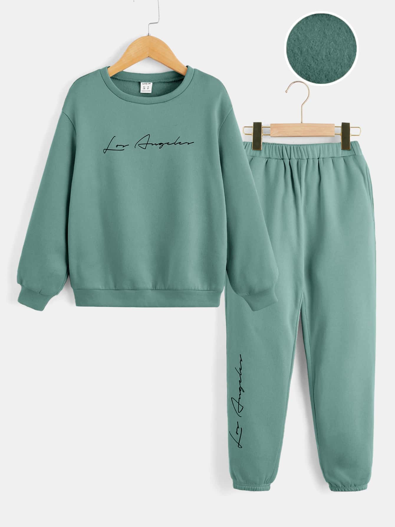 SHEIN Cậu bé Tween Đồ họa Chữ cái Áo pull ấm áp & Quần nỉ - Màu xanh Cadet - Xem 1