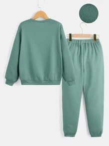 SHEIN Cậu bé Tween Đồ họa Chữ cái Áo pull ấm áp & Quần nỉ - Màu xanh Cadet - Xem 2