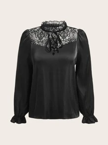 SHEIN Privé Plus Contrast Lace Tie Neck Flounce Sleeve Blouse - Black - View 1