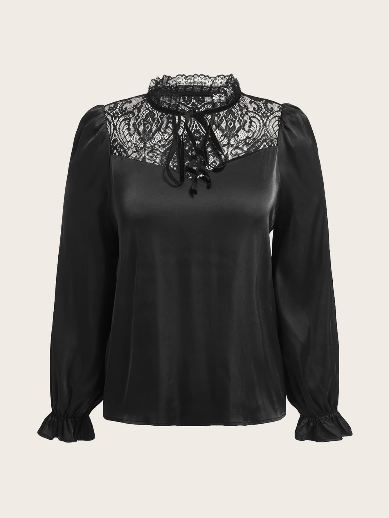 SHEIN Privé Plus Contrast Lace Tie Neck Flounce Sleeve Blouse - Black - View 1