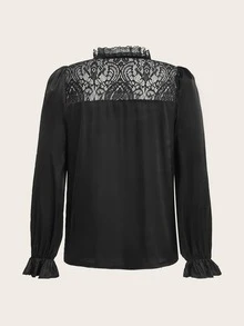 SHEIN Privé Plus Contrast Lace Tie Neck Flounce Sleeve Blouse - Black - View 2