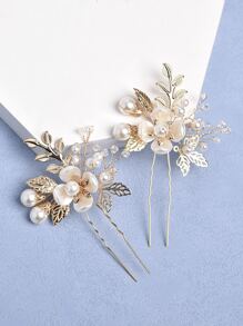 2入組花和人造珍珠裝飾婚禮髮夾