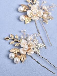 2入組花和人造珍珠裝飾婚禮髮夾
